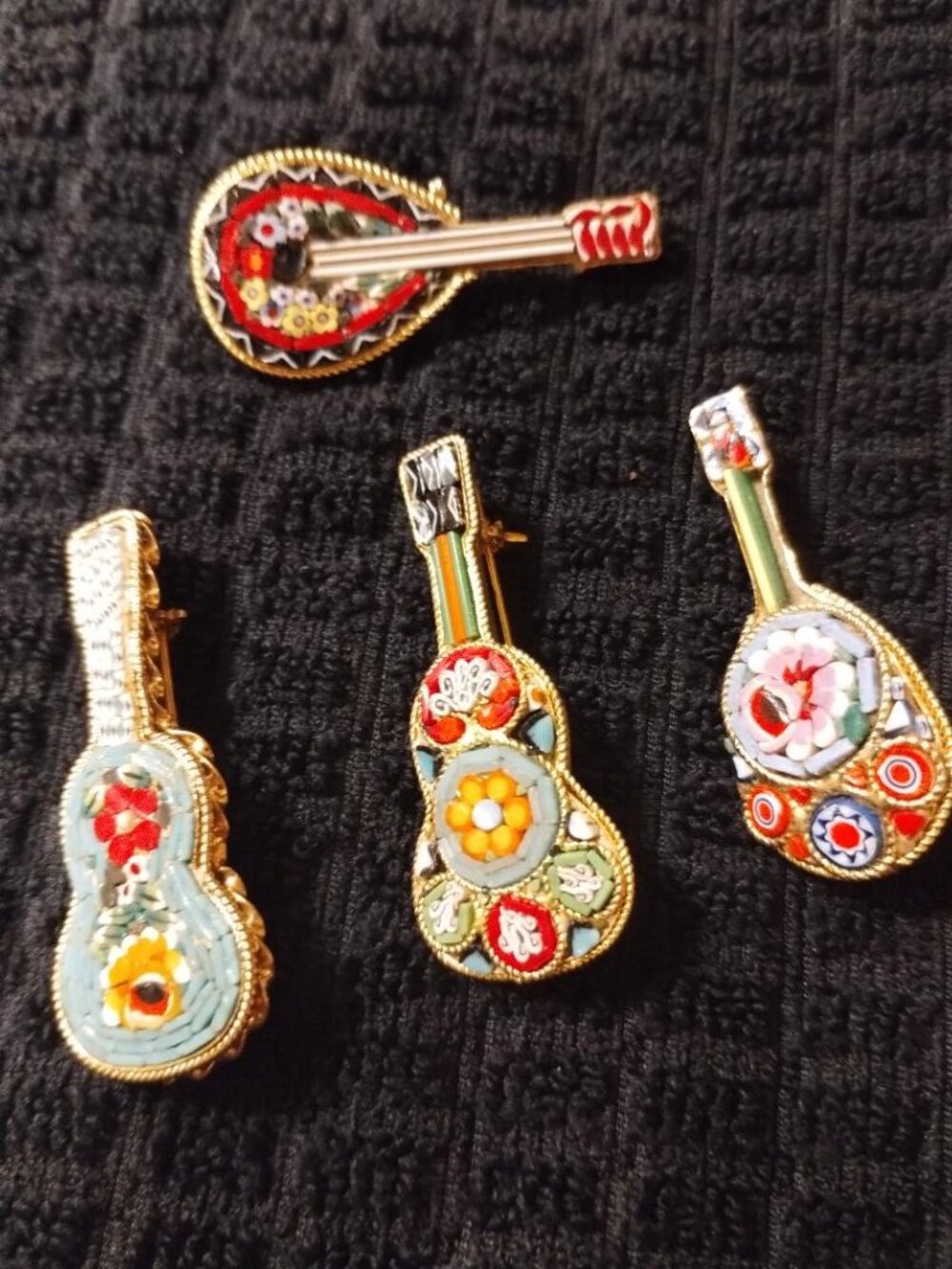 Vintage Hand Made Italian Glass Micro Mosaic Guitar Mandolin Brooches (Stamped)